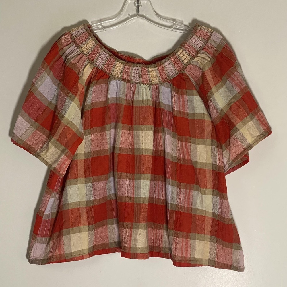 Ace&jig‎ Top Womens XS Red Plaid Smocked Cotton Boho Lagenlook Anthropologie
